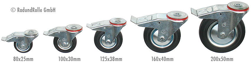 Doppelstopp-Lenkrollen mit Rückenloch und Rädern aus Vollgummi schwarz auf Stahlblechfelge