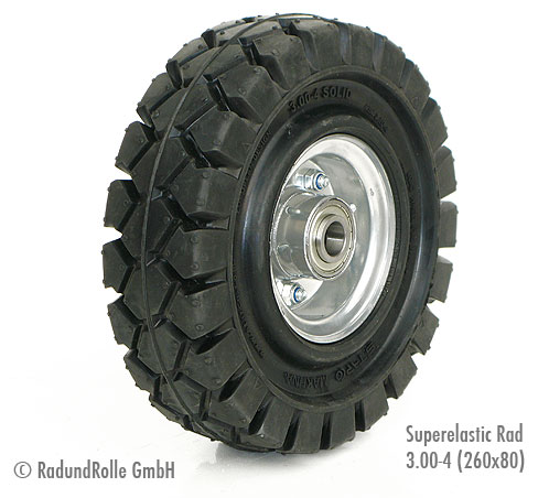 Superelastik-Gummi-Rad mit Staplerreifen auf Stahlfelge 3,00-4 (260x85mm)