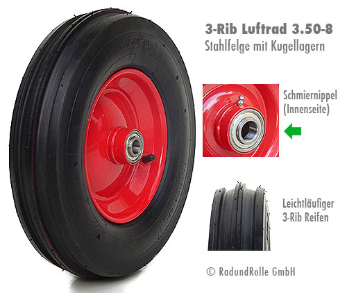 3-Rib-Laufrad 3.50-8 mit kugelgelagerter Stahlfelge