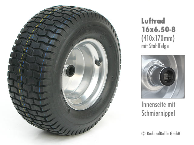 Aufsitzmäherrad 16x6.50-8 mit Luftbereifung, Stahlfelge mit versetzter Nabe, Gleitlager, Rollenlager, Kugellager, Antrieb