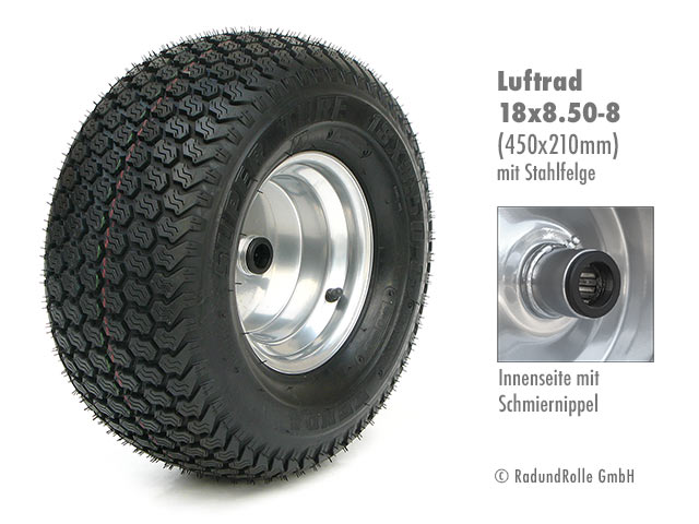 Gartentraktorrad 18x8.50-8 mit Luftbereifung, Stahlfelge mit versetzter Nabe, Gleitlager, Rollenlager, Kugellager, Antrieb