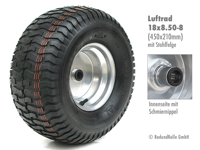 Aufsitzmäherrad 18x8.50-8 mit Luftbereifung, Stahlfelge mit versetzter Nabe, Gleitlager, Rollenlager, Kugellager, Antrieb