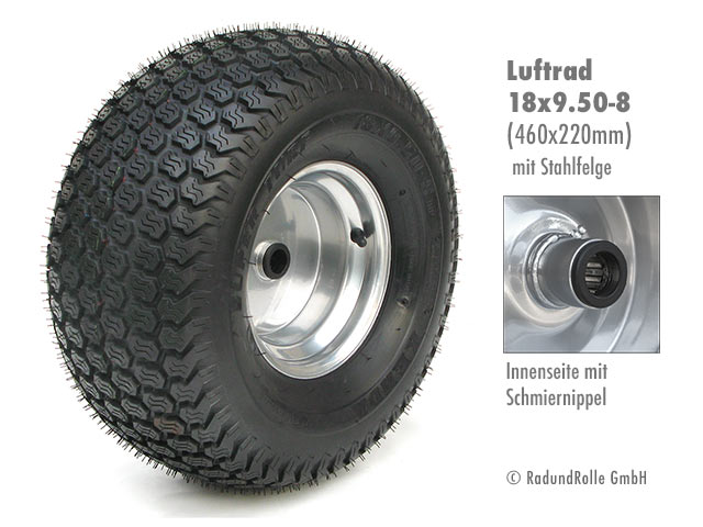 Gartentraktorrad 18x9.50-8 mit Luftbereifung, Stahlfelge mit versetzter Nabe, Gleitlager, Rollenlager, Kugellager, Antrieb