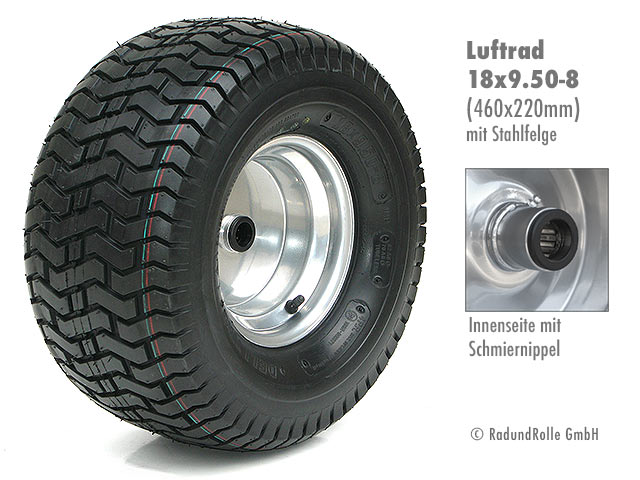 Aufsitzmäherrad 18x9.50-8 mit Luftbereifung, Stahlfelge mit versetzter Nabe, Gleitlager, Rollenlager, Kugellager, Antrieb