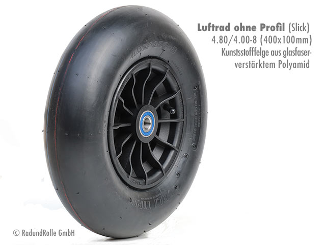 Luftrad 400x100mm, Reifen 4.80/4.00-8 mit 4PR Slickprofil, PA-Kunststofffelge 2.50Ax8 H2, Gleitlager, Rollenlager, Kugellager