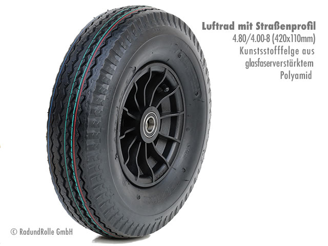 Luftrad 420x110mm, Reifen 4.80/4.00-8 mit 6PR Straßenprofil (Zick-Zack-Rille), PA-Kunststofffelge 2.50Ax8 H2, Gleitlager, Rollenlager, Kugellager