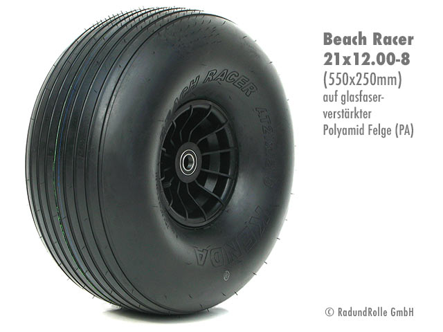 Ballon-Luftrad 21x12-8 mit glasfaserverstärkter PA-Kunststofffelge 5.00Ax8 H2, Gleitlager, Rollenlager, Kugellager