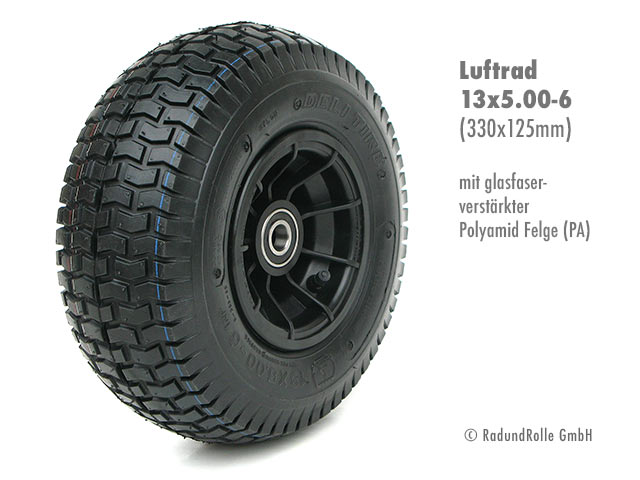 Slipwagenrad 13x5.00-6 mit Luftbereifung, PA-Kunststofffelge aus glasfaserverstärktem Polyamid, Gleitlager, Rollenlager, Kugellager