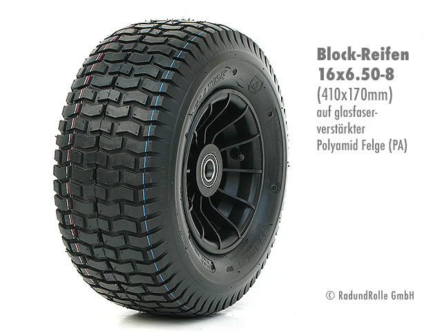 Luftrad 410x170mm, Reifen 16x6.50-8 mit 4PR Blockprofil, glasfaserverstärkte PA-Kunststofffelge 5.00Ax8 H2, Gleitlager, Rollenlager, Kugellager
