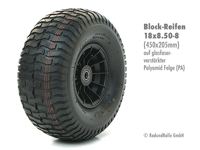 Luftrad 450x205mm, Reifen 18x8.50-8 mit 4PR Blockprofil, glasfaserverstärkte PA-Kunststofffelge 5.00Ax8 H2, Gleitlager, Rollenlager, Kugellager