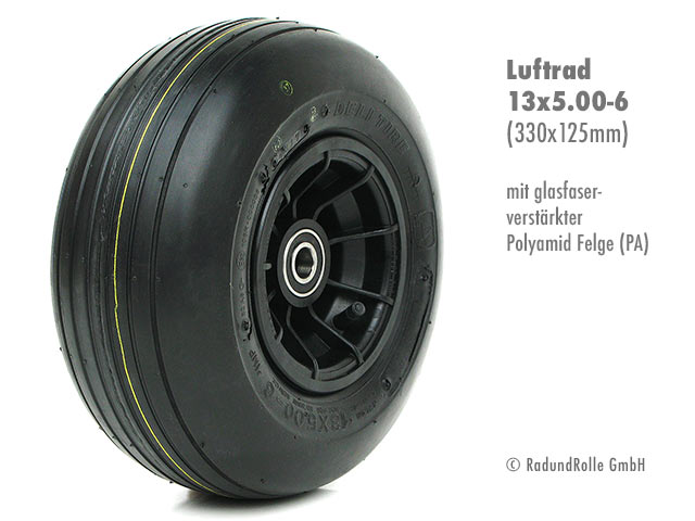 Golfcaddyrad 13x5.00-6 mit Luftbereifung, PA-Kunststofffelge aus glasfaserverstärktem Polyamid, Gleitlager, Rollenlager, Kugellager