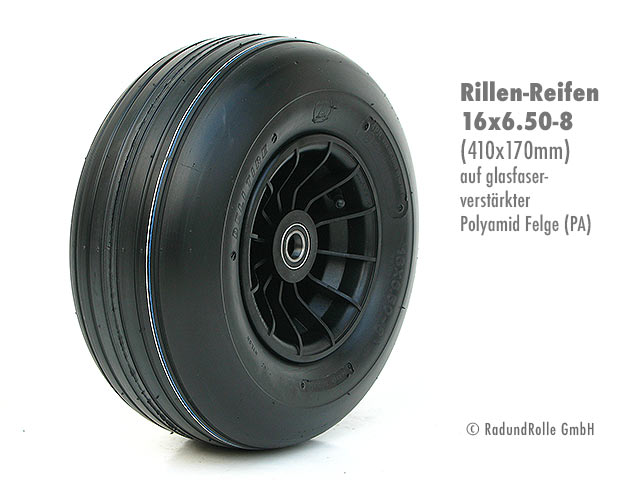 Luftrad 410x170mm, Reifen 16x6.50-8 mit 4PR Rillenprofil, glasfaserverstärkte PA-Kunststofffelge 5.00Ax8 H2, Gleitlager, Rollenlager, Kugellager