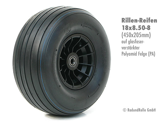 Luftrad 450x205mm, Reifen 18x8.50-8 mit 4PR Rillenprofil, glasfaserverstärkte PA-Kunststofffelge 5.00Ax8 H2, Gleitlager, Rollenlager, Kugellager