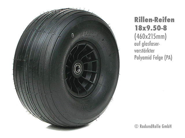 Luftrad 460x215mm, Reifen 18x9.50-8 mit 4PR Rillenprofil, glasfaserverstärkte PA-Kunststofffelge 5.00Ax8 H2, Gleitlager, Rollenlager, Kugellager