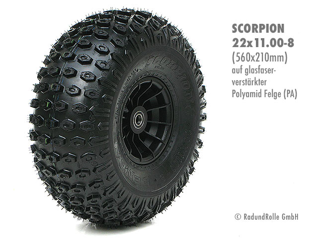 Ballon-Luftrad 22x11-8 mit Stollenprofil Kenda Scorpion K-290 4PR TL auf glasfaserverstärkter PA-Kunststofffelge 5.00Ax8 H2, Gleitlager, Rollenlager, Kugellager