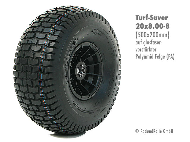 Luftrad 500x200mm, Reifen 20x8.00-8 mit 4PR Turf Saver Profil, glasfaserverstärkte PA-Kunststofffelge 5.00Ax8 H2, Gleitlager, Rollenlager, Kugellager