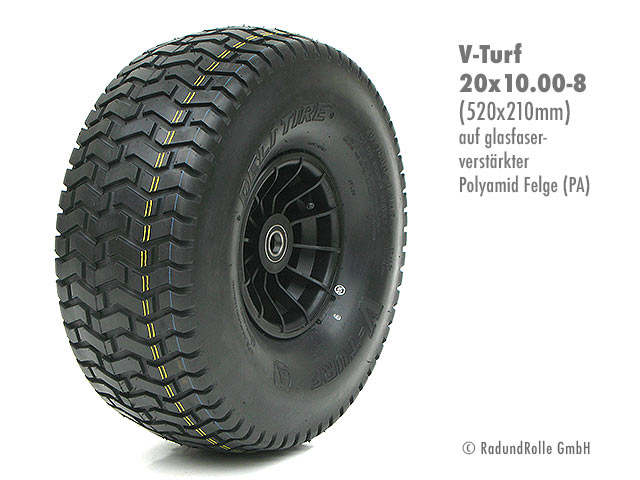 Luftrad 520x210mm, Reifen 20x10.00-8 mit 4PR V-Turf Profil, glasfaserverstärkte PA-Kunststofffelge 5.00Ax8 H2, Gleitlager, Rollenlager, Kugellager